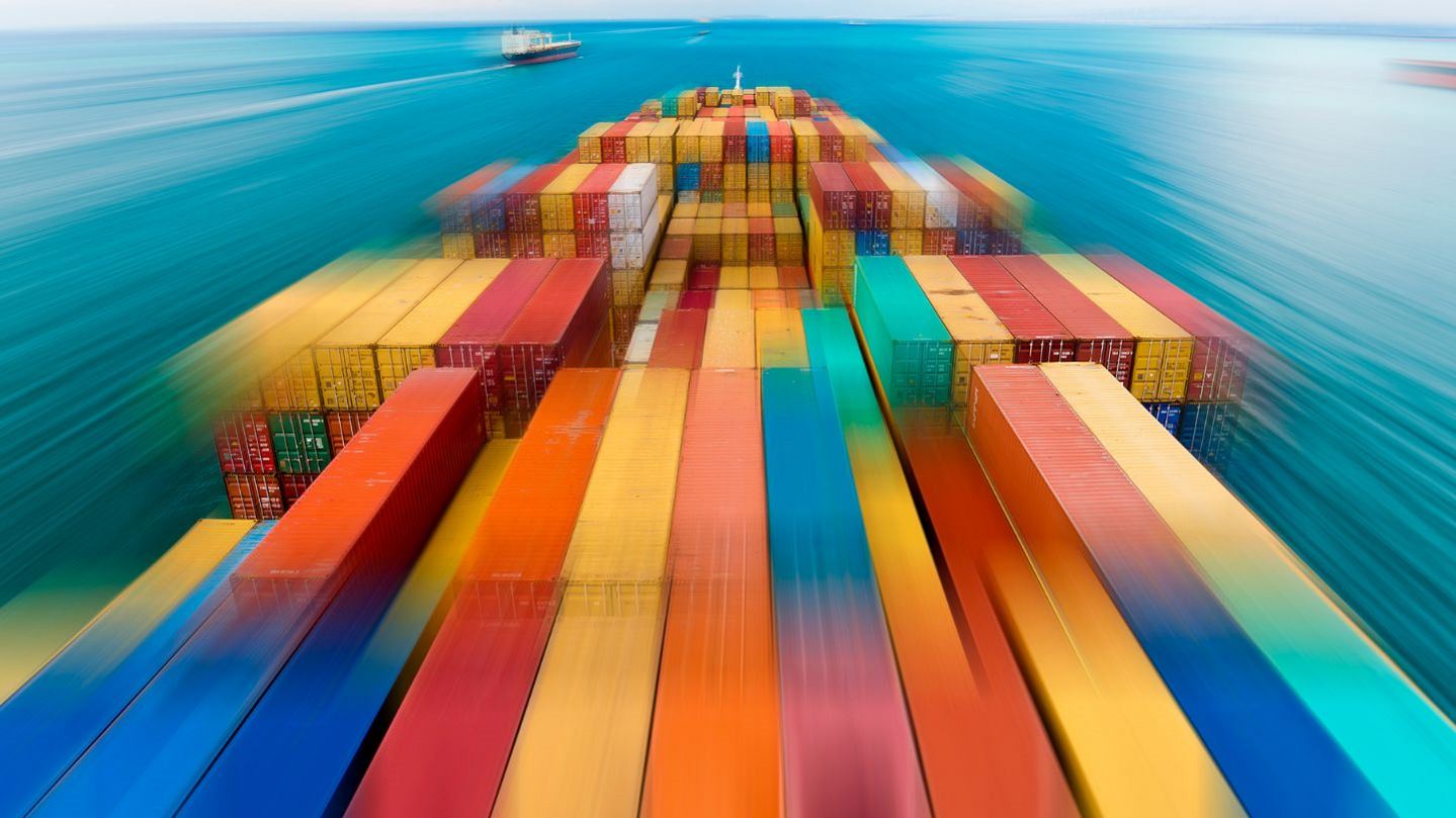 Abstract photo of shipping container barge on water