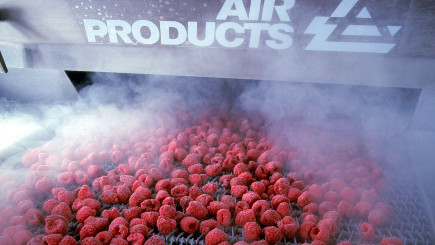 Frozen raspberries on cryogenic tunnel freezer