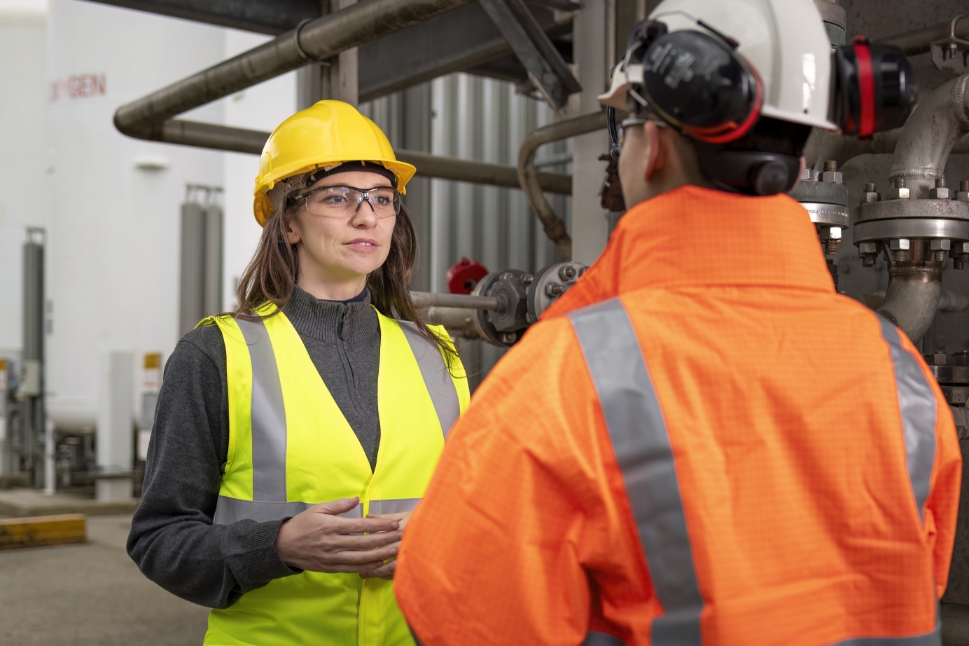 Engineers conversing in front of plant