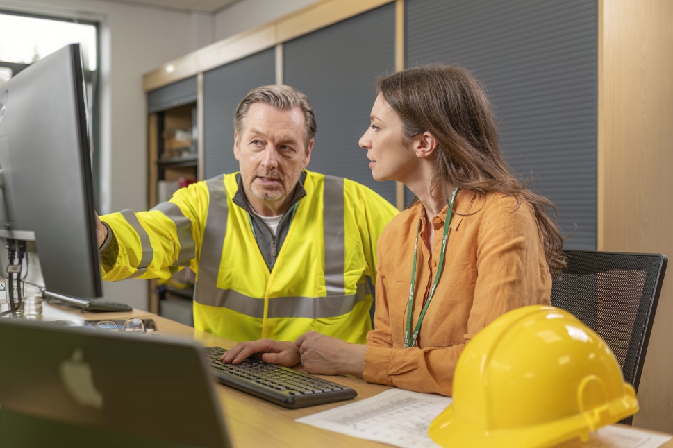 Engineers collaborating in front of computer