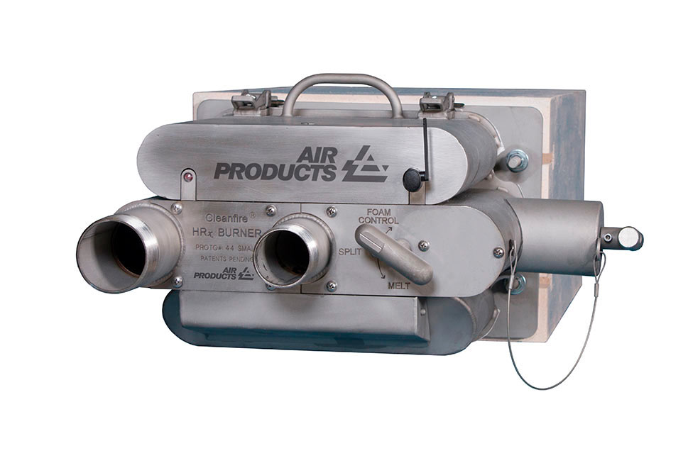 Inlet end of oxy-fuel burner assembly showing mode selector switch